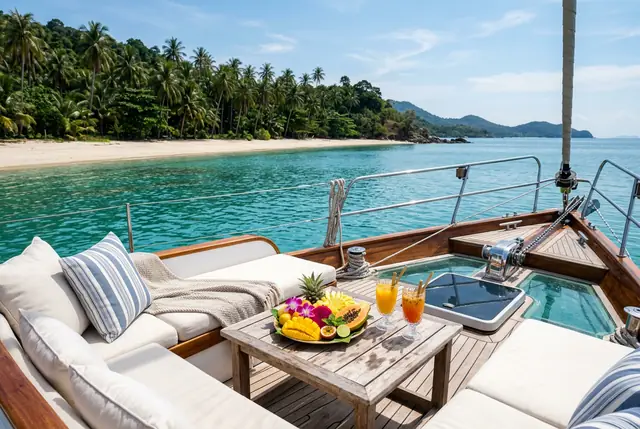 Private boat deck with fruit platter anchored in a turquoise bay of Koh Samui