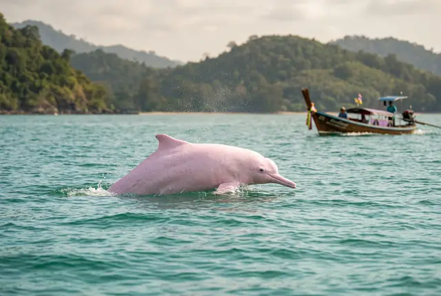 A pink Indo-Pacific humpback dolphin surfacing in calm water off Khanom, Thailand