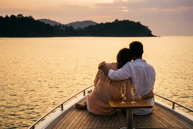 Couple regardant le coucher de soleil depuis la proue d'un bateau privé au large de Koh Samui