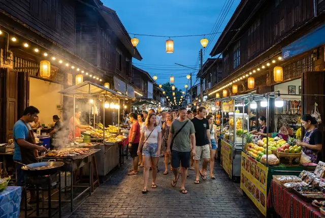 Evening street market in Fisherman's Village, Bophut, with food stalls and lit shopfronts