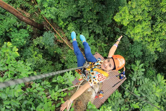 Une femme casquée filant sur une tyrolienne au-dessus de la canopée