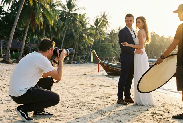 Photographer shooting a couple on a Koh Samui beach at golden hour