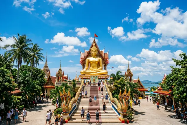 Temple bouddhiste doré à Koh Samui sous un ciel bleu