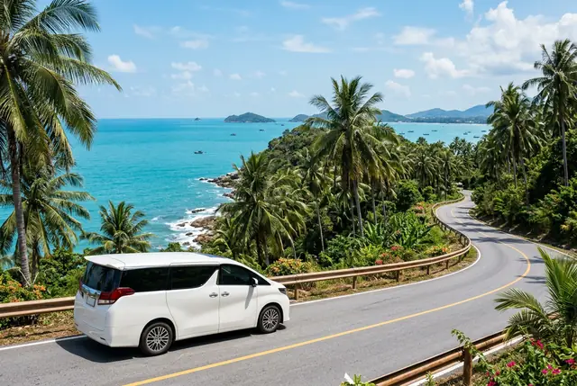 White minivan on a coastal road of Koh Samui